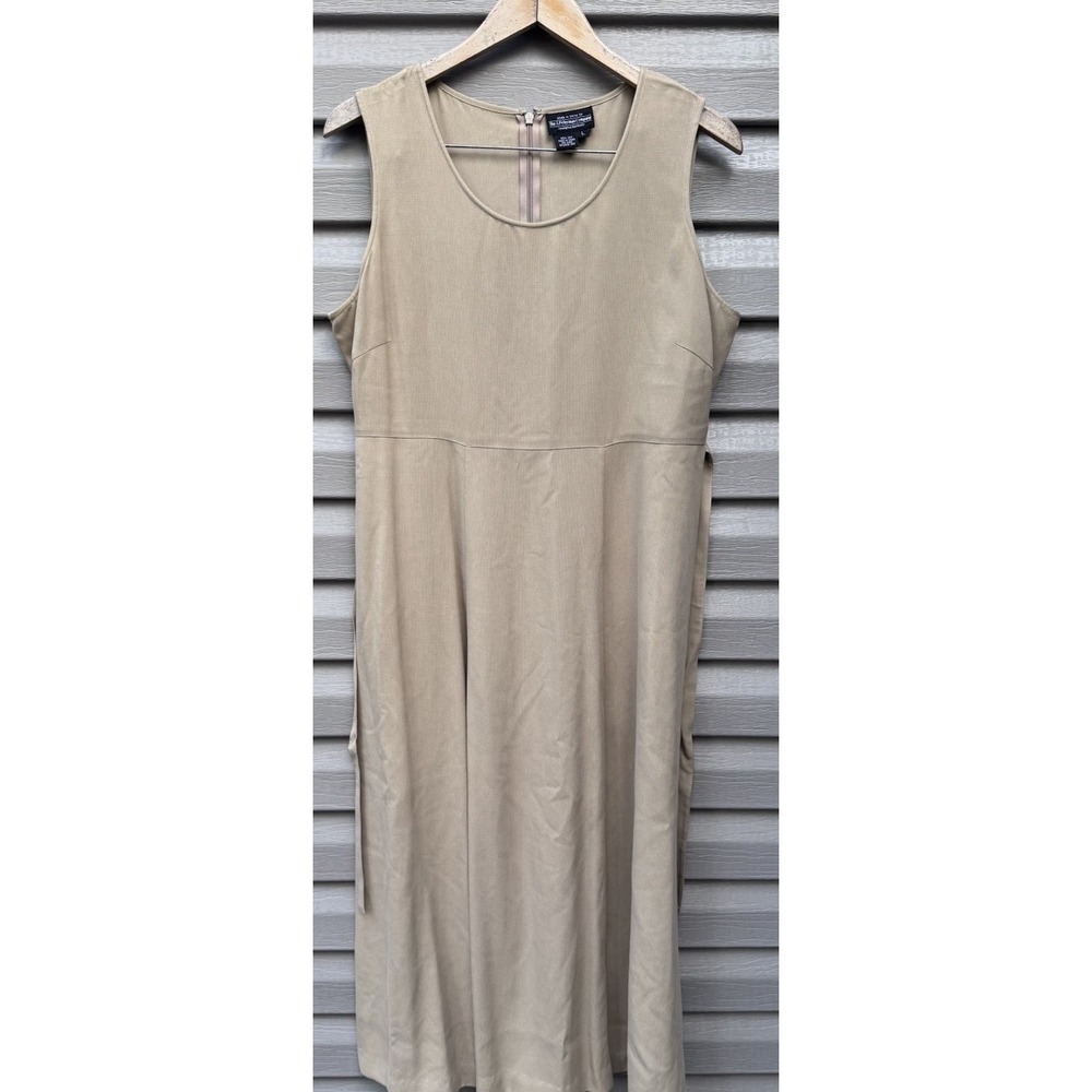 J. Peterman Co Dress Women Tan Beige Midi 100% Silk  Tie Back Dress Large